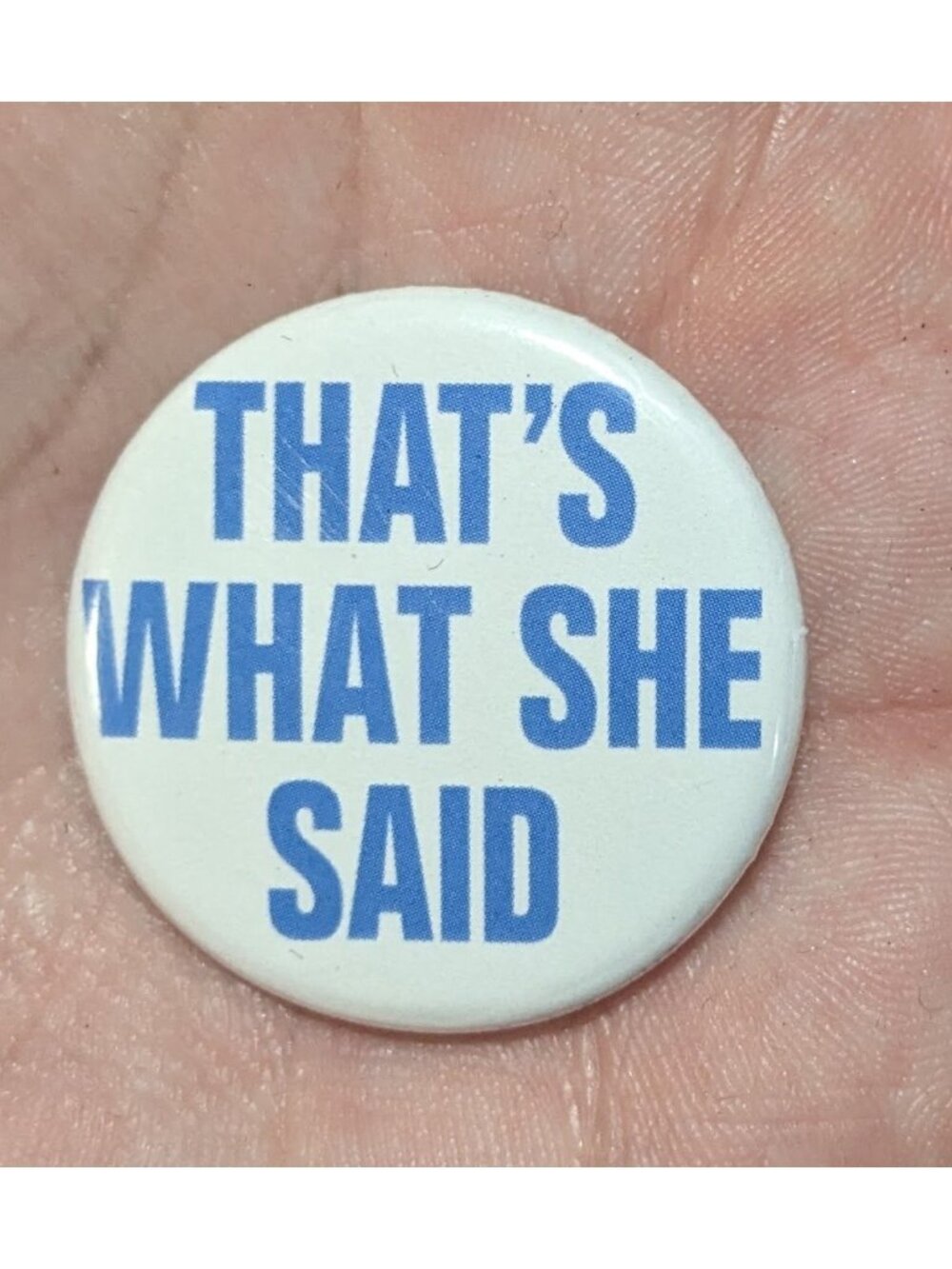Y2K Snarky Novelty That's What She Said Pinback Button Blue White
